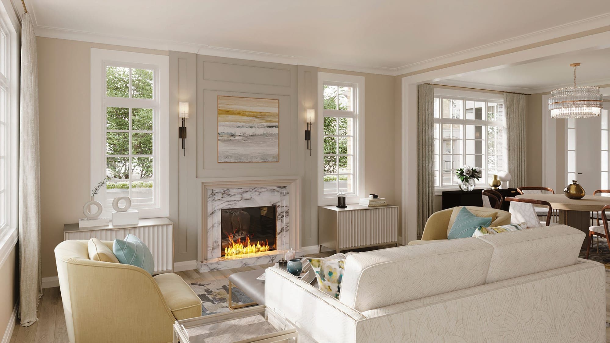 Great room with fireplace and tall windows. Artist's concept.